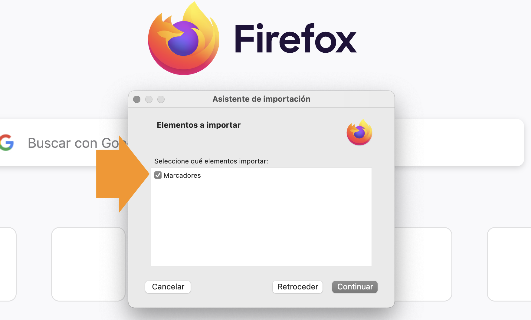 Elegir datos o marcadores a importar a Mozilla Firefox.